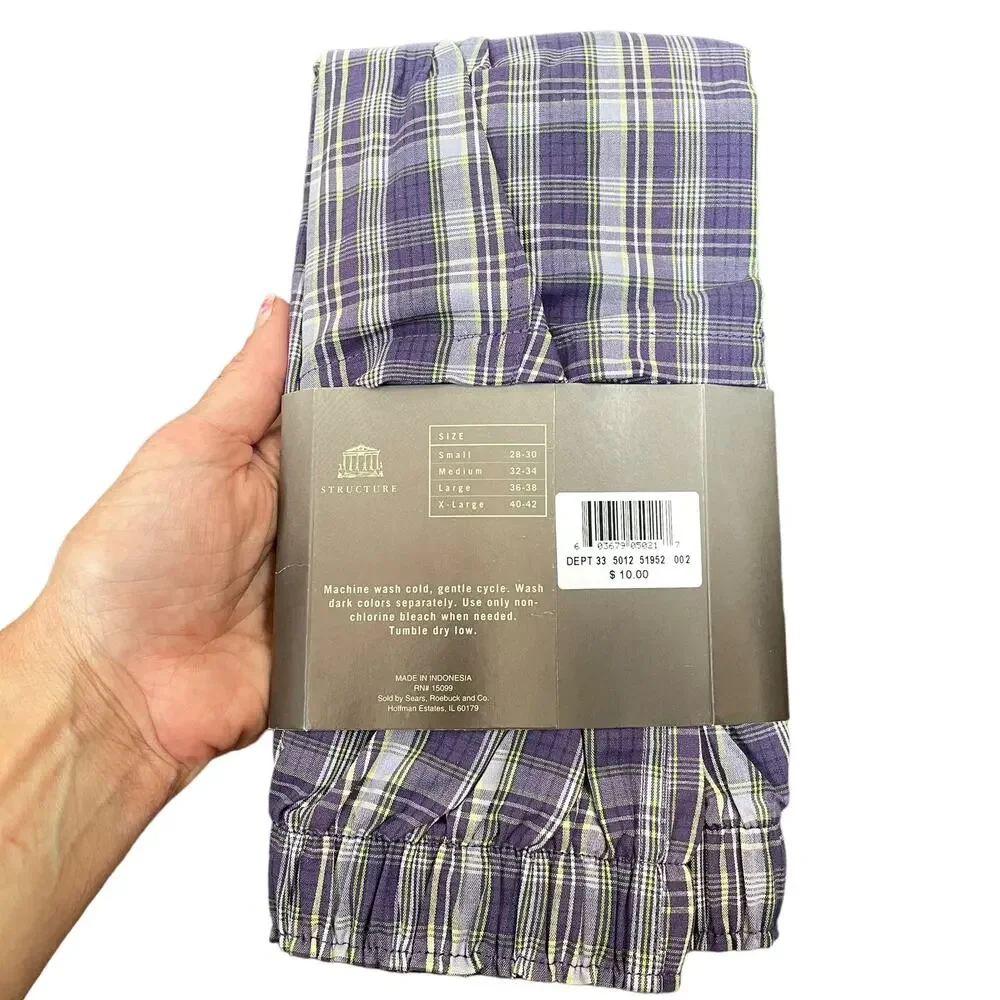 Vintage Structure Boxer Men Small 28/30 Cotton Woven Purple Plaid NOS Sears READ